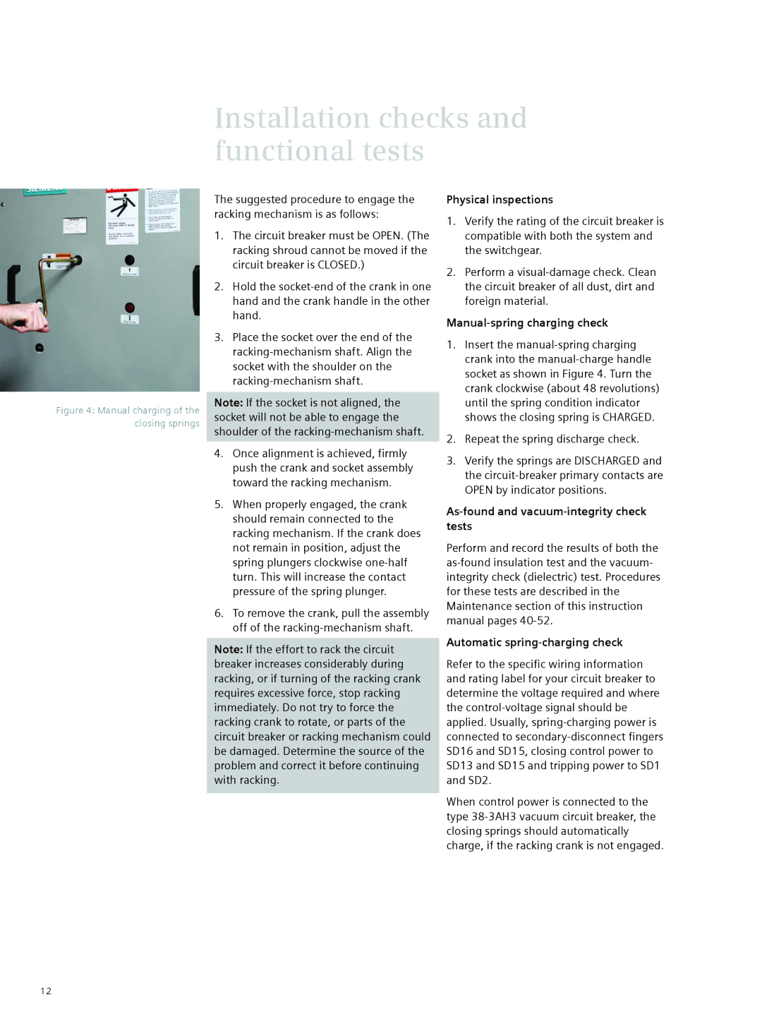 Siemens 38-3AH3 38 kV instruction manual Physical inspections, Manual-spring charging check 