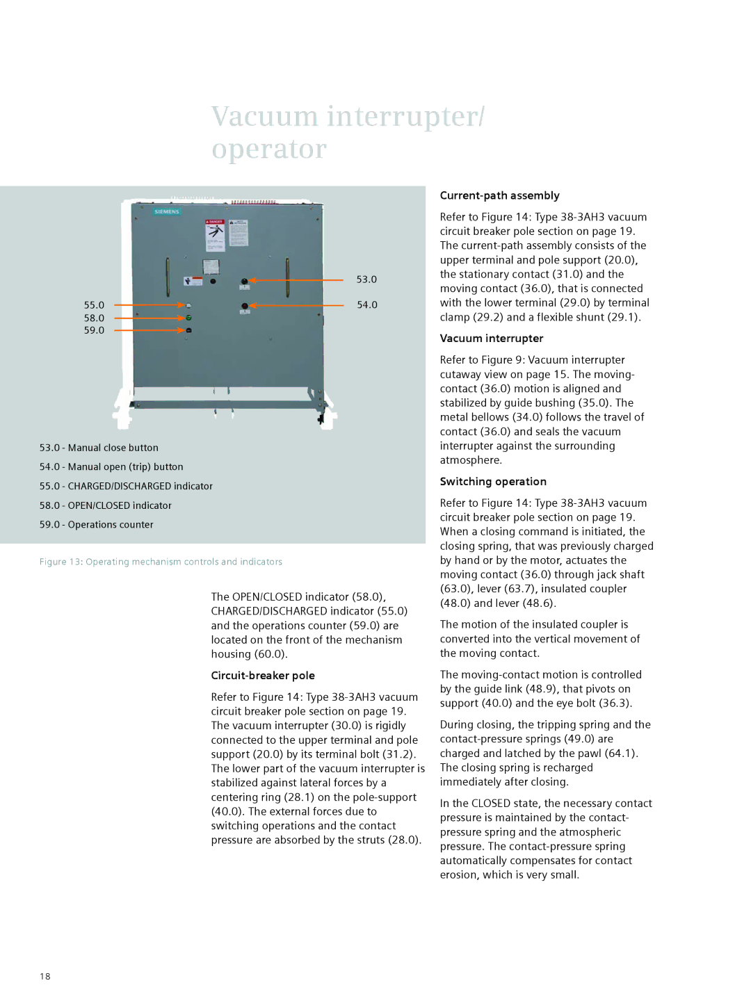 Siemens 38-3AH3 38 kV Circuit-breaker pole, Current-path assembly, Vacuum interrupter, Switching operation 