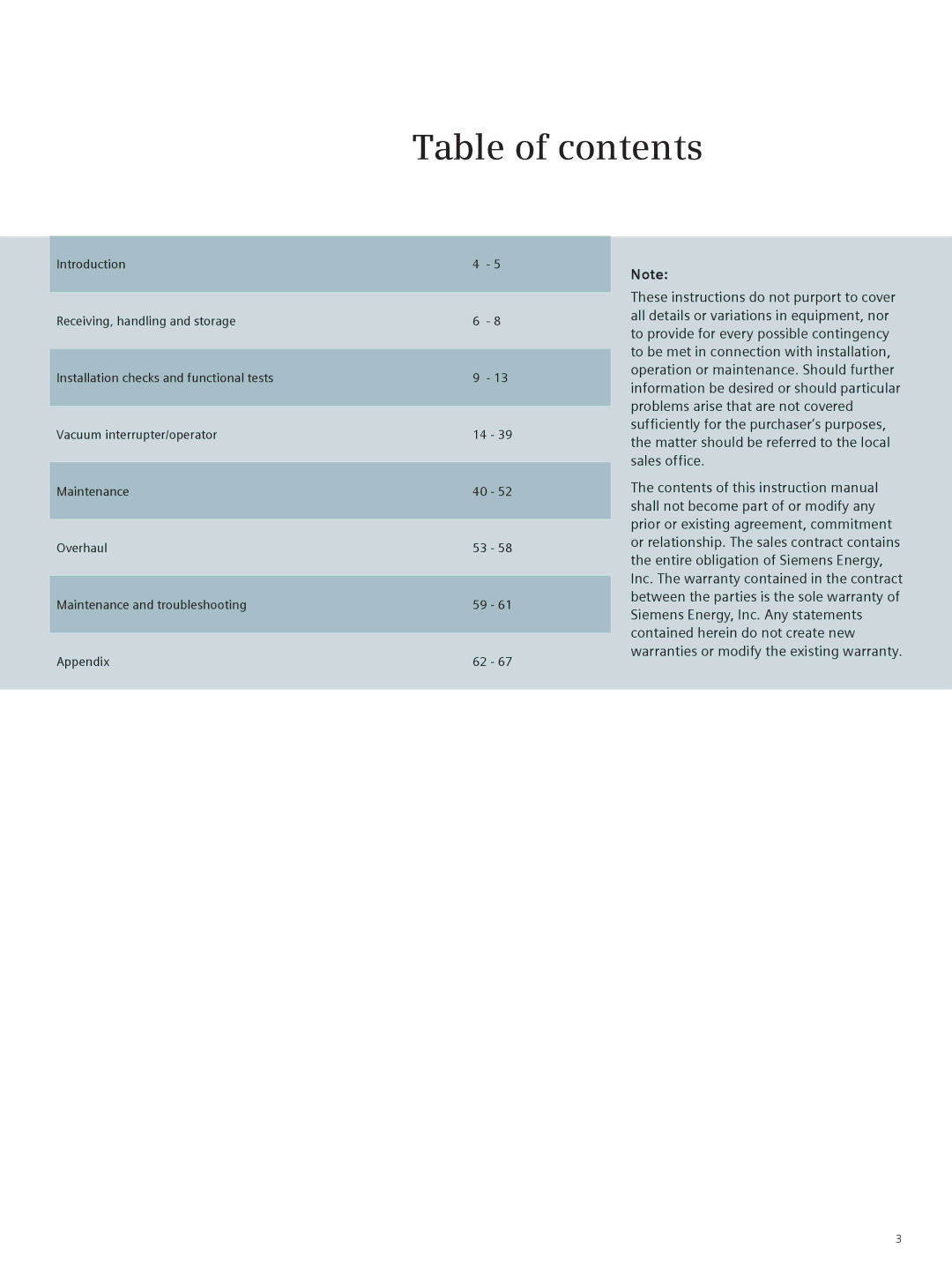 Siemens 38-3AH3 38 kV instruction manual Table of contents 