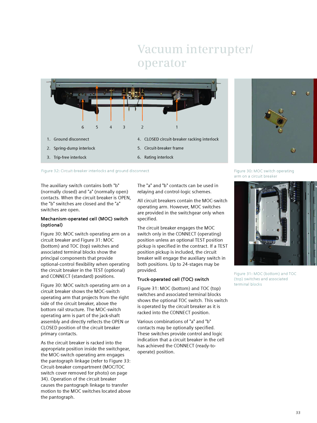 Siemens 38-3AH3 38 kV instruction manual Mechanism-operated cell MOC switch optional, Truck-operated cell TOC switch 