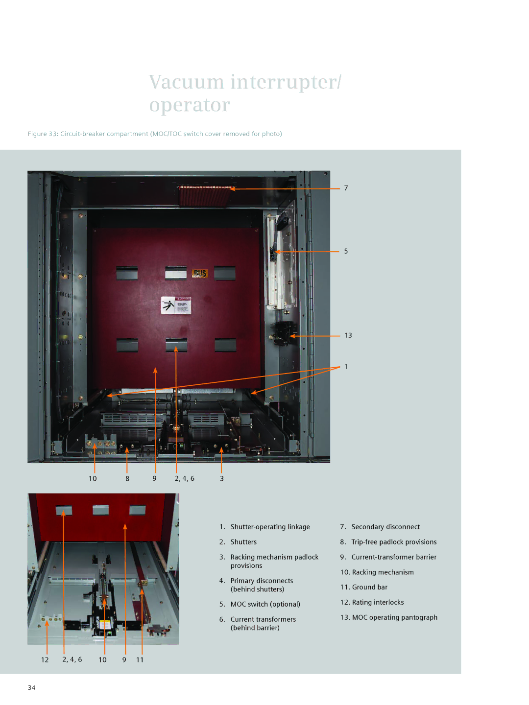 Siemens 38-3AH3 38 kV instruction manual Shutter-operating linkage Secondary disconnect Shutters 