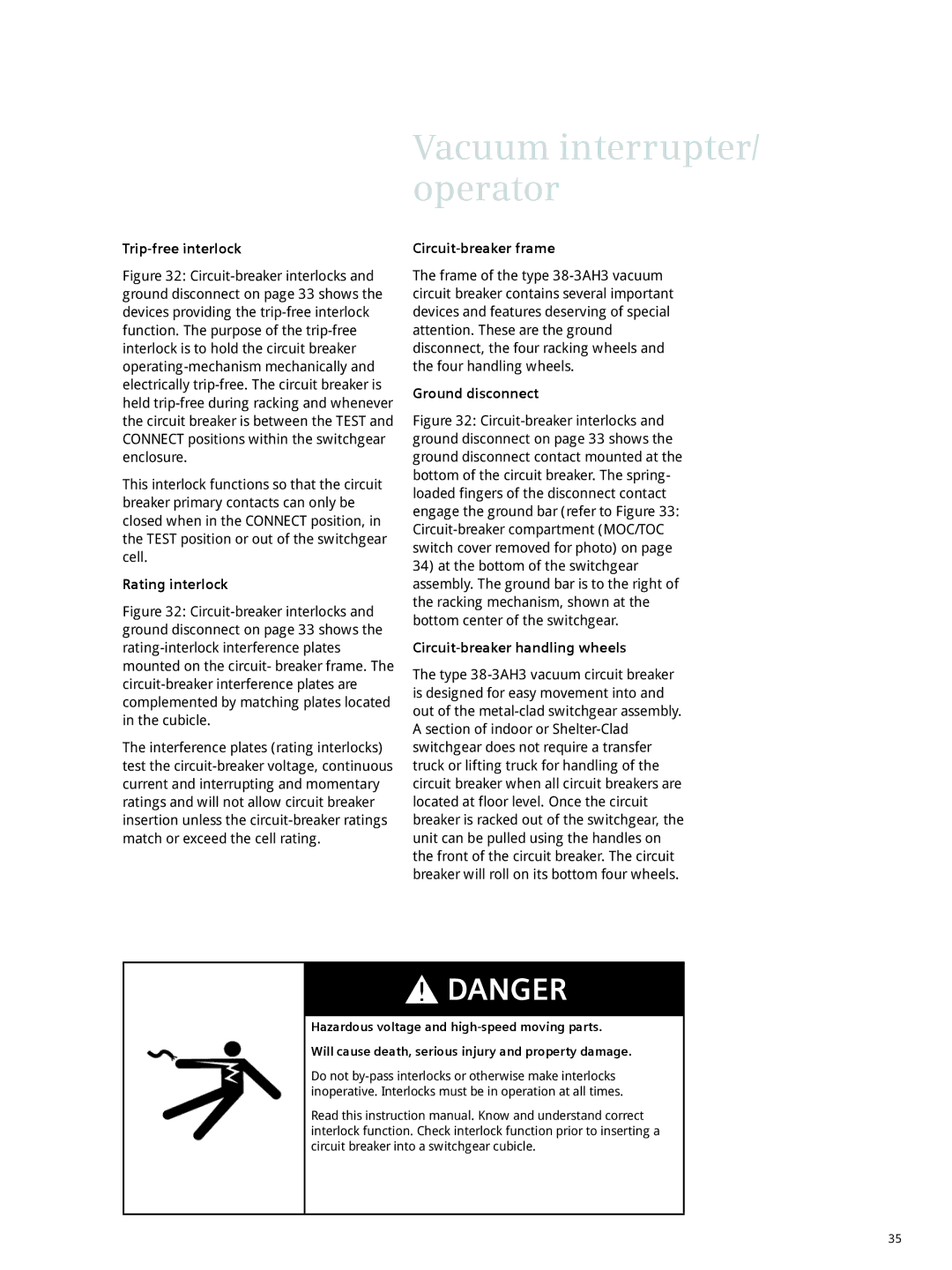 Siemens 38-3AH3 38 kV instruction manual Trip-free interlock, Rating interlock, Circuit-breaker frame, Ground disconnect 