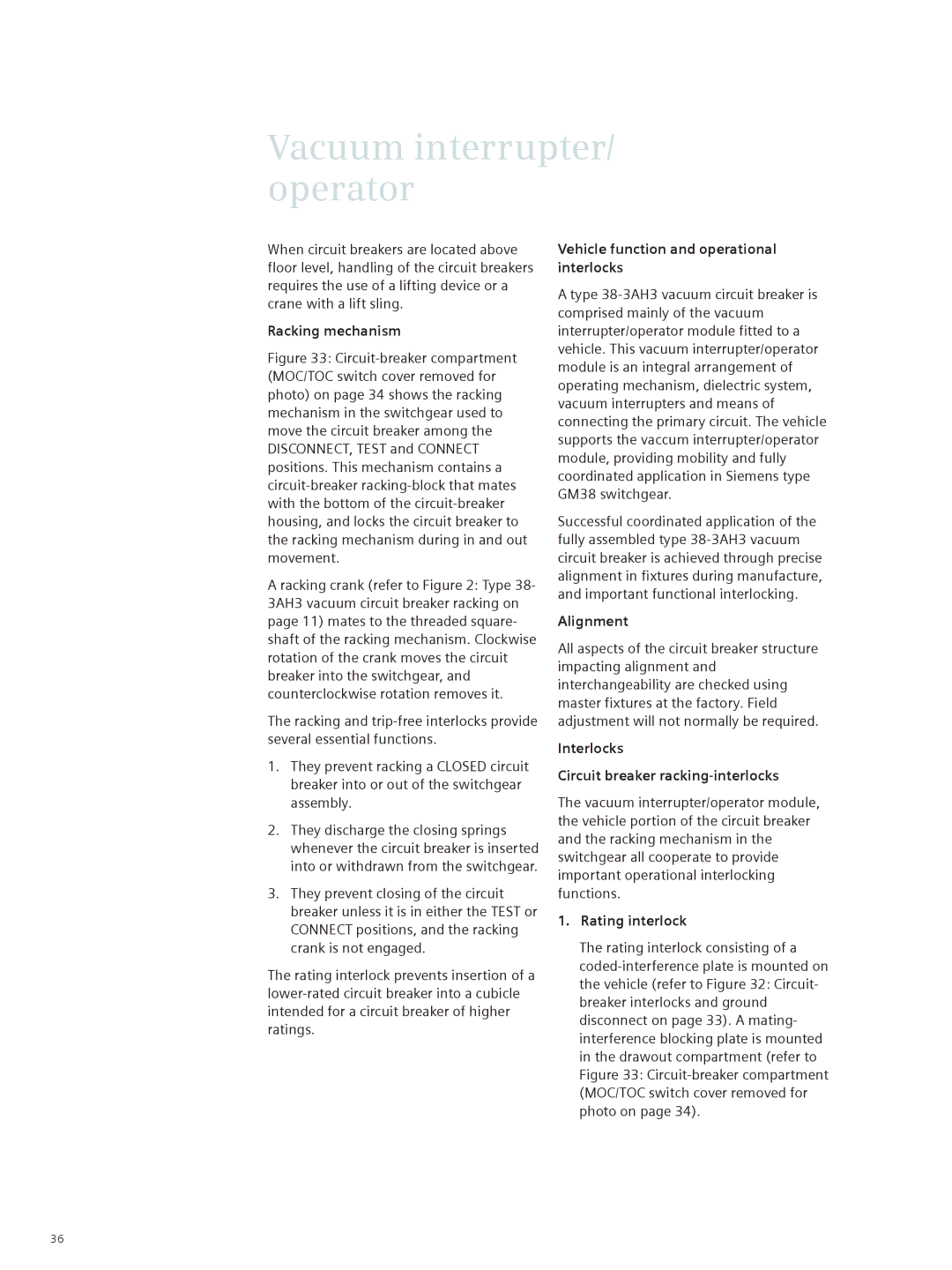 Siemens 38-3AH3 38 kV instruction manual Racking mechanism, Vehicle function and operational interlocks, Alignment 