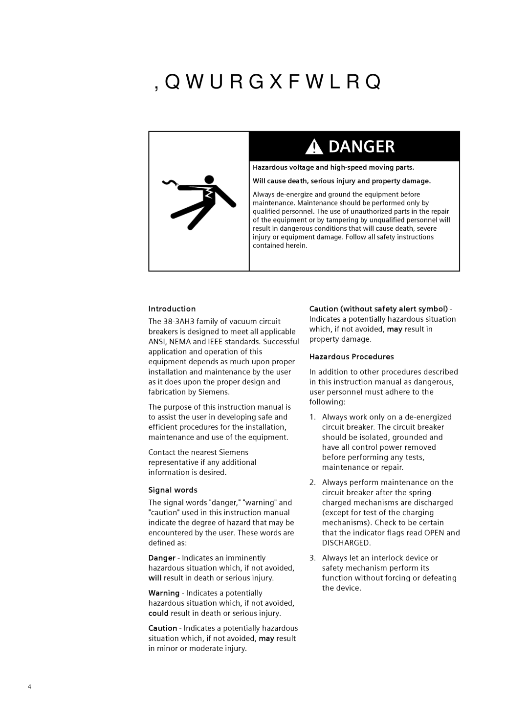 Siemens 38-3AH3 38 kV instruction manual Introduction, Signal words Hazardous Procedures 