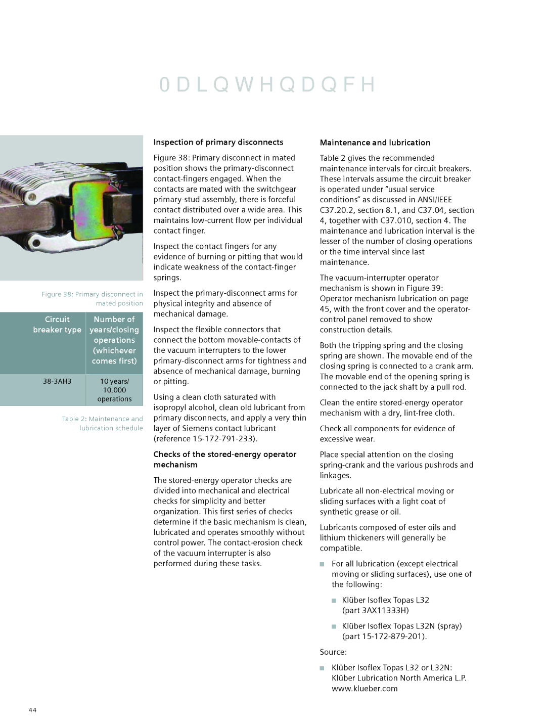 Siemens 38-3AH3 38 kV Circuit Number, Inspection of primary disconnects, Checks of the stored-energy operator mechanism 