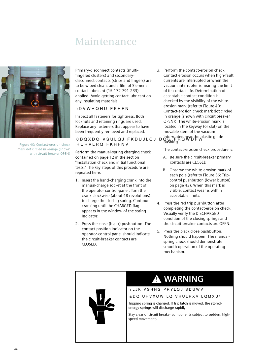 Siemens 38-3AH3 38 kV instruction manual Fastener check, Manual-spring charging and contact- erosion checks 