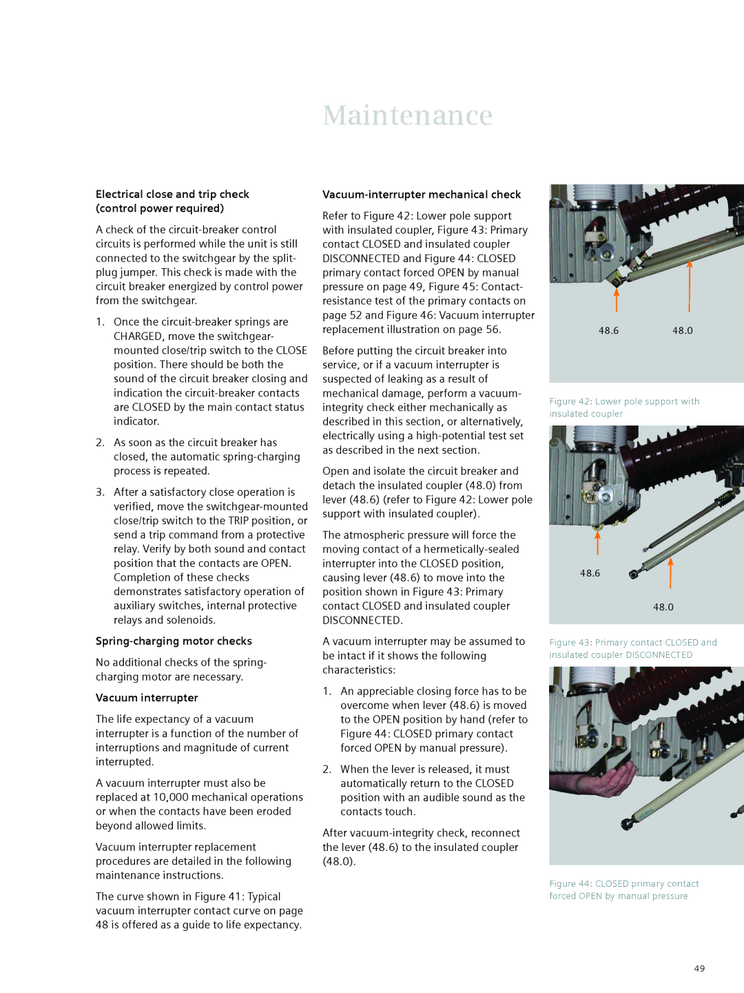 Siemens 38-3AH3 38 kV instruction manual Spring-charging motor checks, Vacuum-interrupter mechanical check 