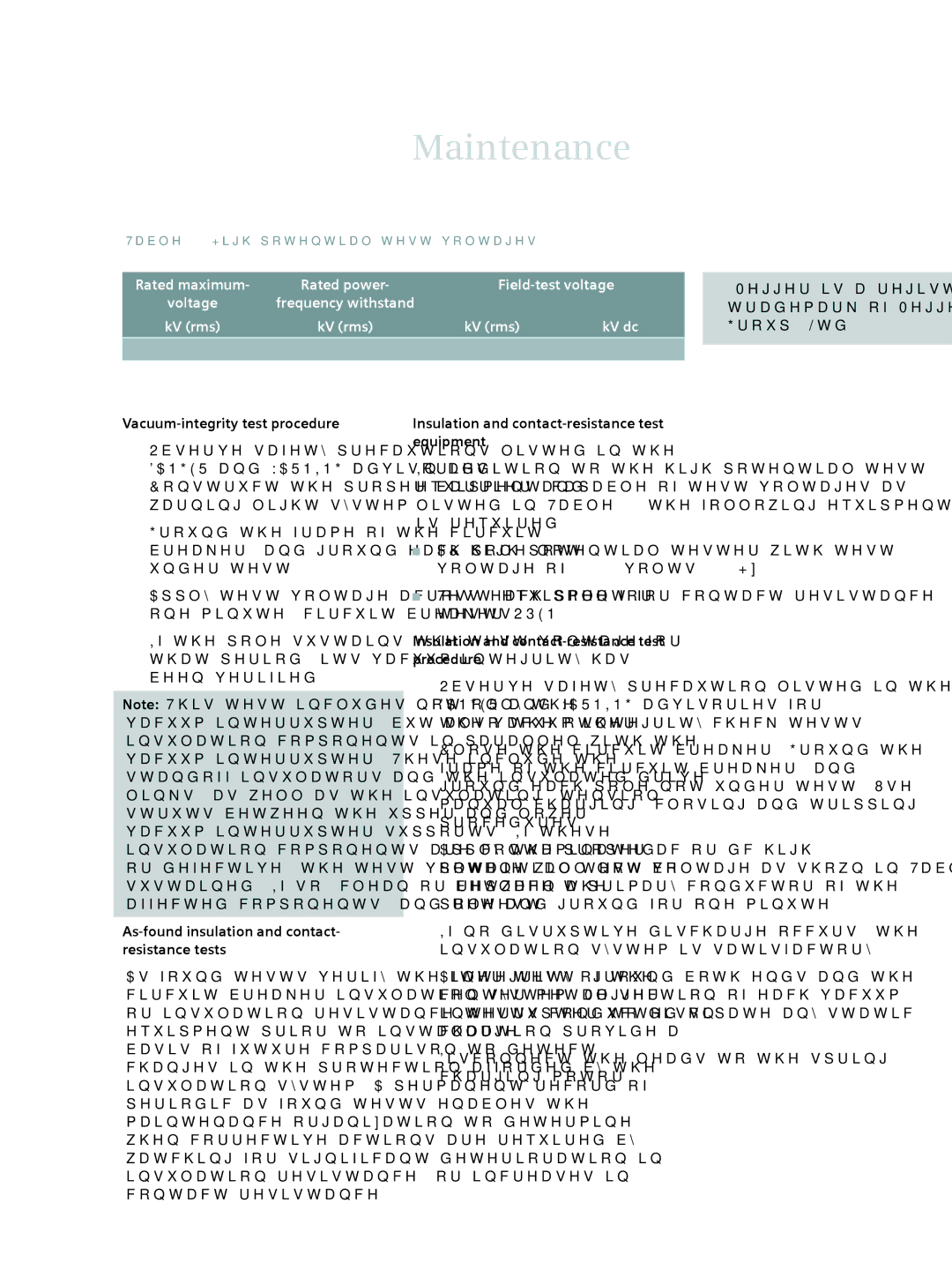 Siemens 38-3AH3 38 kV instruction manual Field-test voltage, Voltage Frequency withstand 