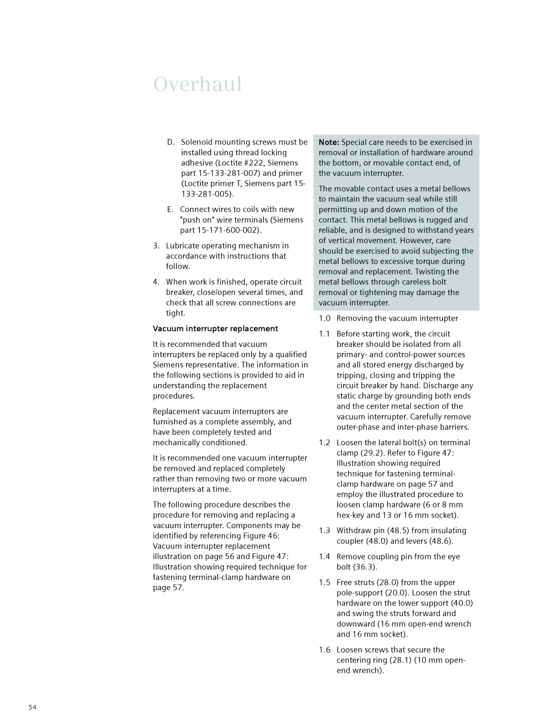 Siemens 38-3AH3 38 kV instruction manual Overhaul, Vacuum interrupter replacement 