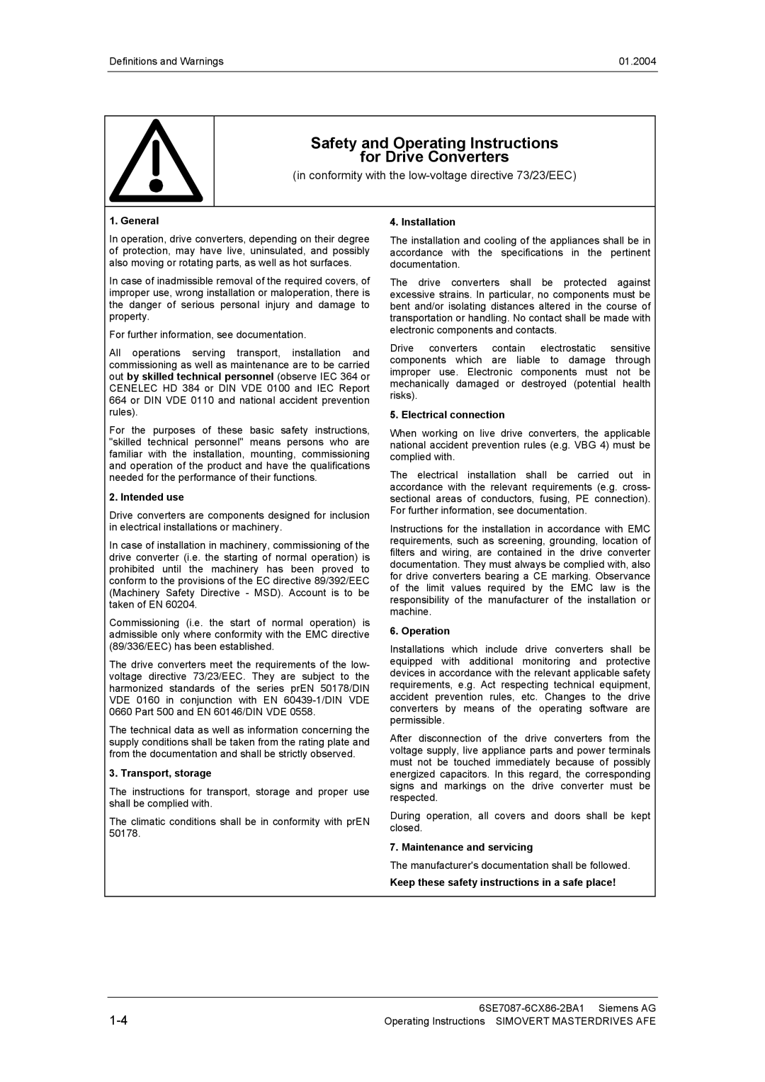 Siemens 400 V / 210...590 A General, Intended use, Transport, storage, Installation, Electrical connection, Operation 