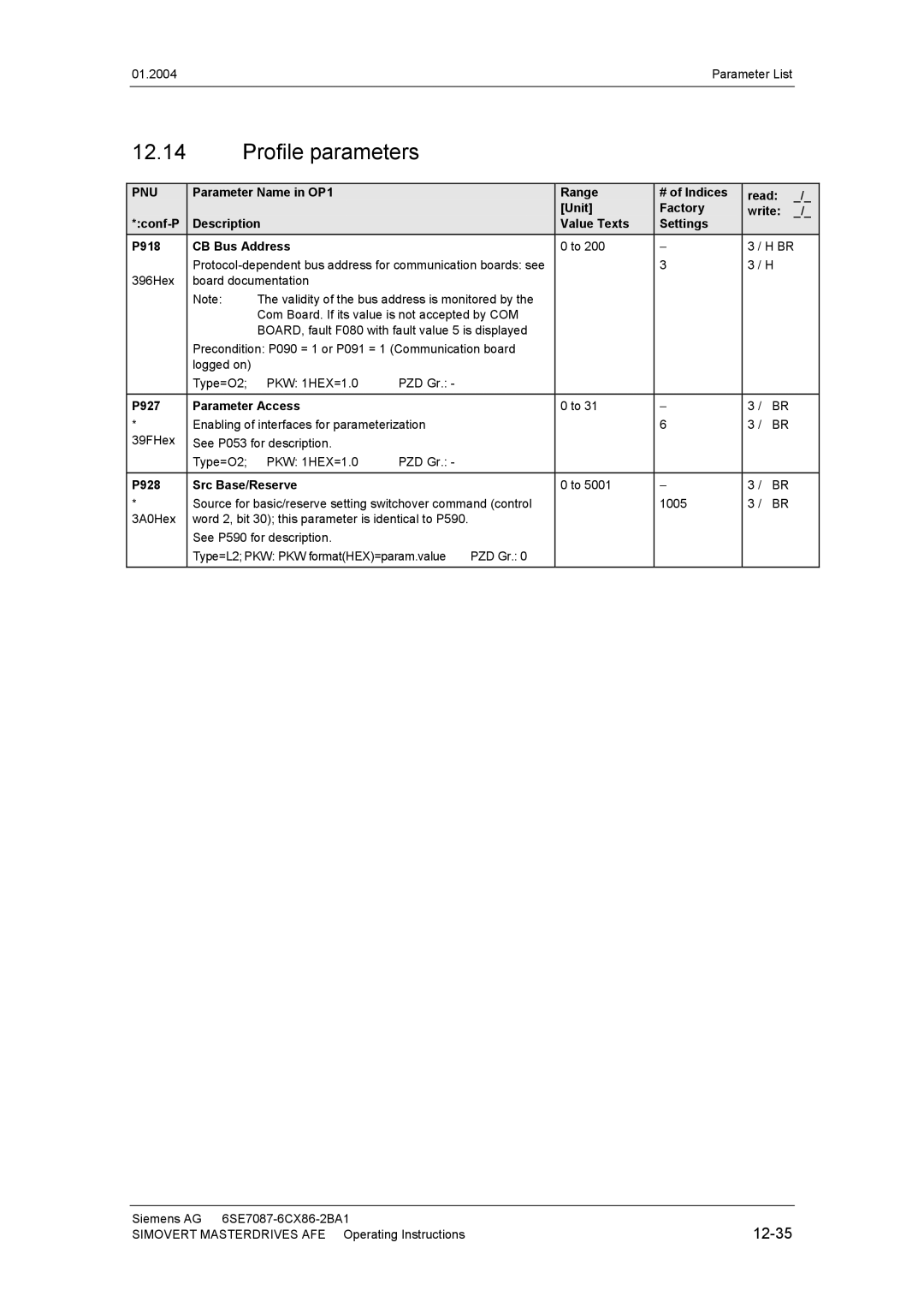 Siemens 400 V / 210...590 A operating instructions Profile parameters, P927 Parameter Access, P928 Src Base/Reserve 