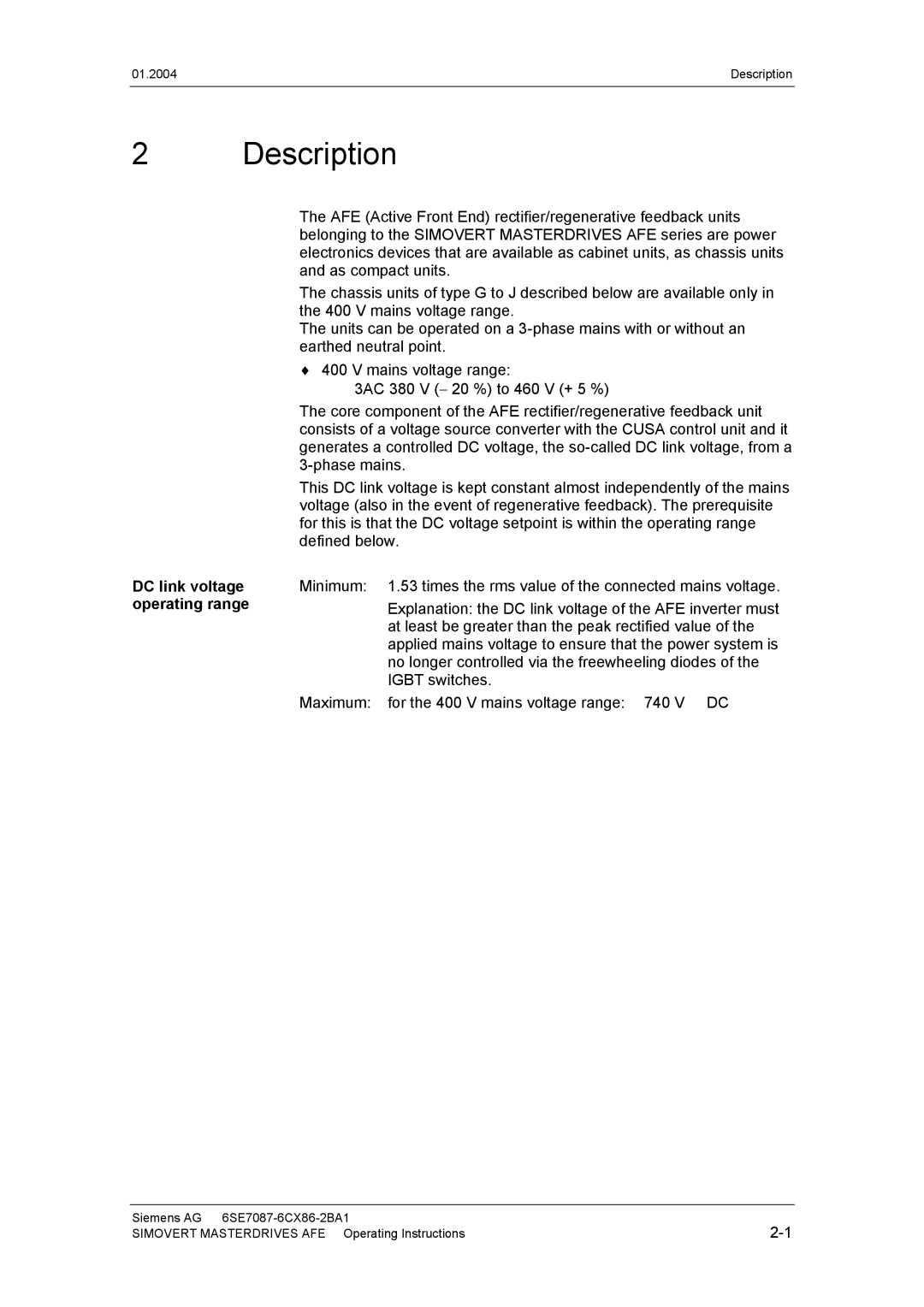 Siemens 400 V / 210...590 A operating instructions Description, DC link voltage, Operating range 