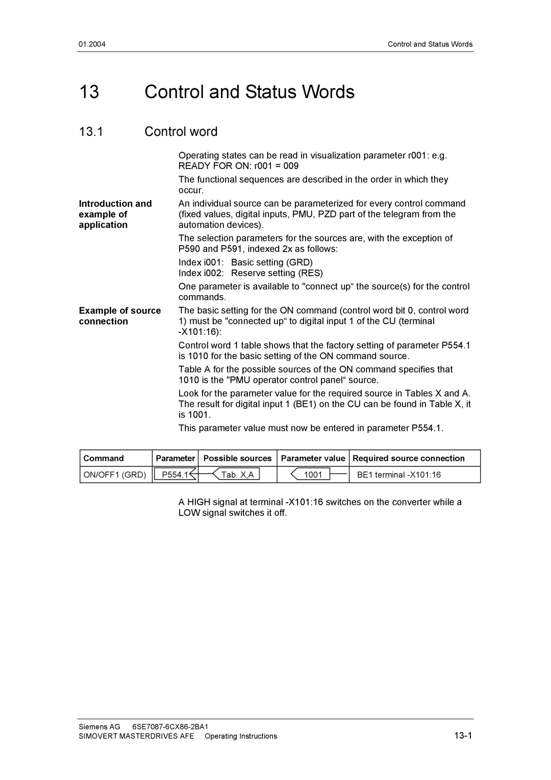 Siemens 400 V / 210...590 A Control and Status Words, Control word, Introduction, Application, Example of source 