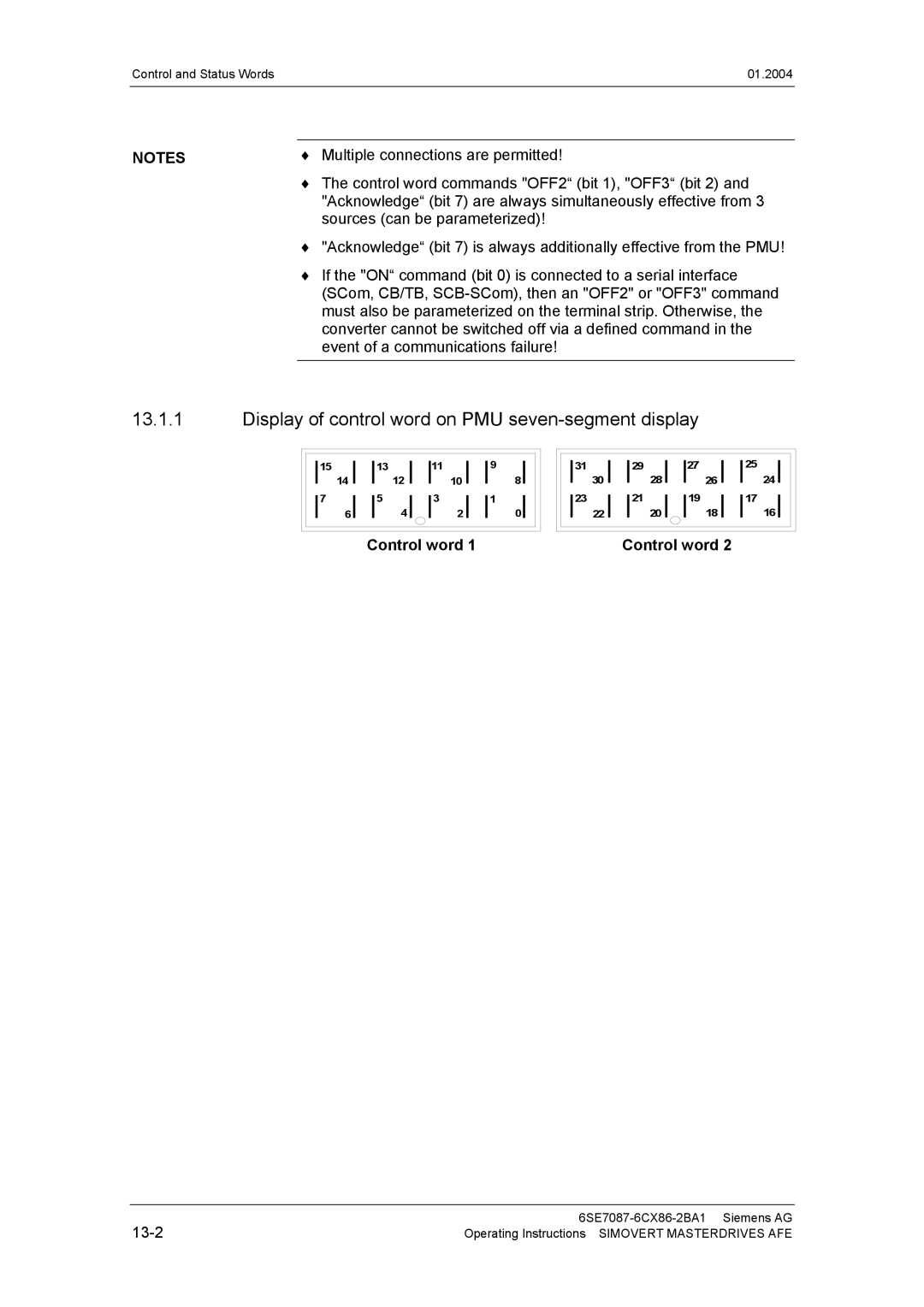 Siemens 400 V / 210...590 A Display of control word on PMU seven-segment display, Multiple connections are permitted 