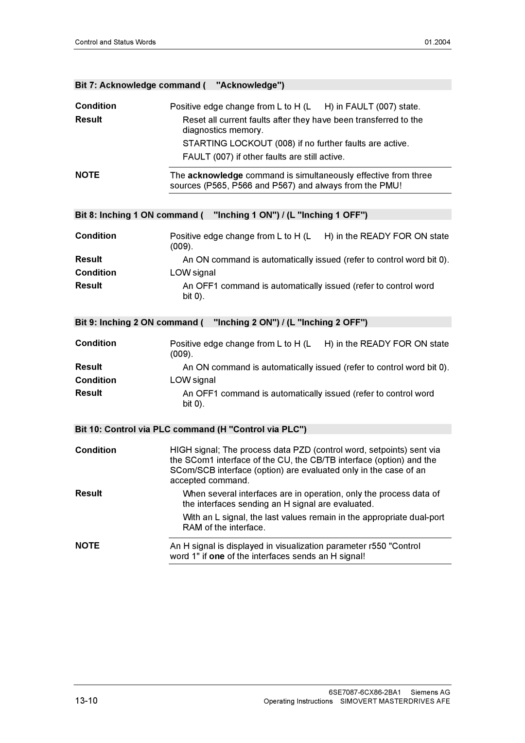 Siemens 400 V / 210...590 A operating instructions Bit 7 Acknowledge command ↑ Acknowledge Condition 