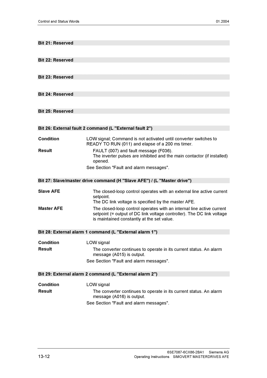 Siemens 400 V / 210...590 A operating instructions Master AFE, Bit 28 External alarm 1 command L External alarm Condition 