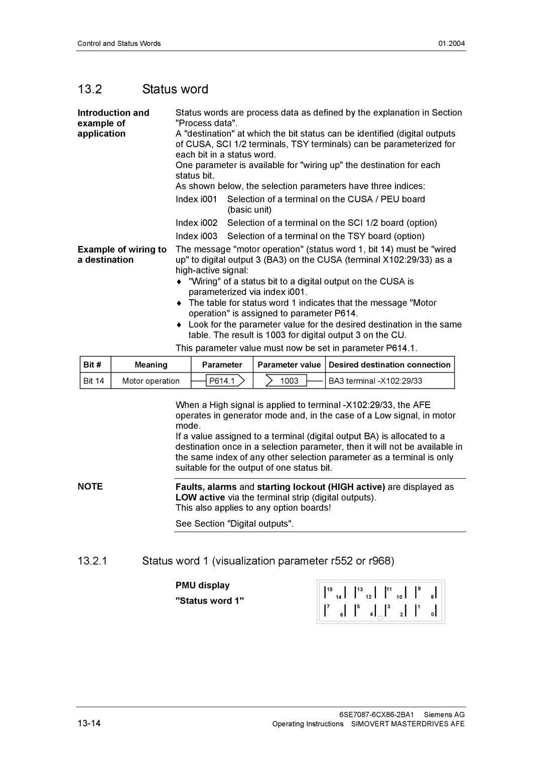 Siemens 400 V / 210...590 A Status word 1 visualization parameter r552 or r968, Destination, PMU display Status word 