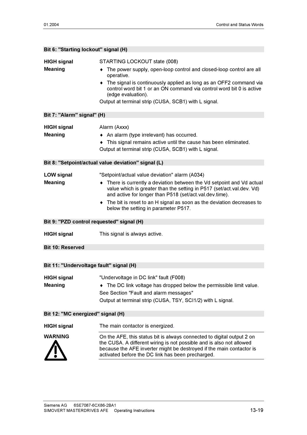Siemens 400 V / 210...590 A Bit 6 Starting lockout signal H High signal, Bit 7 Alarm signal H High signal 
