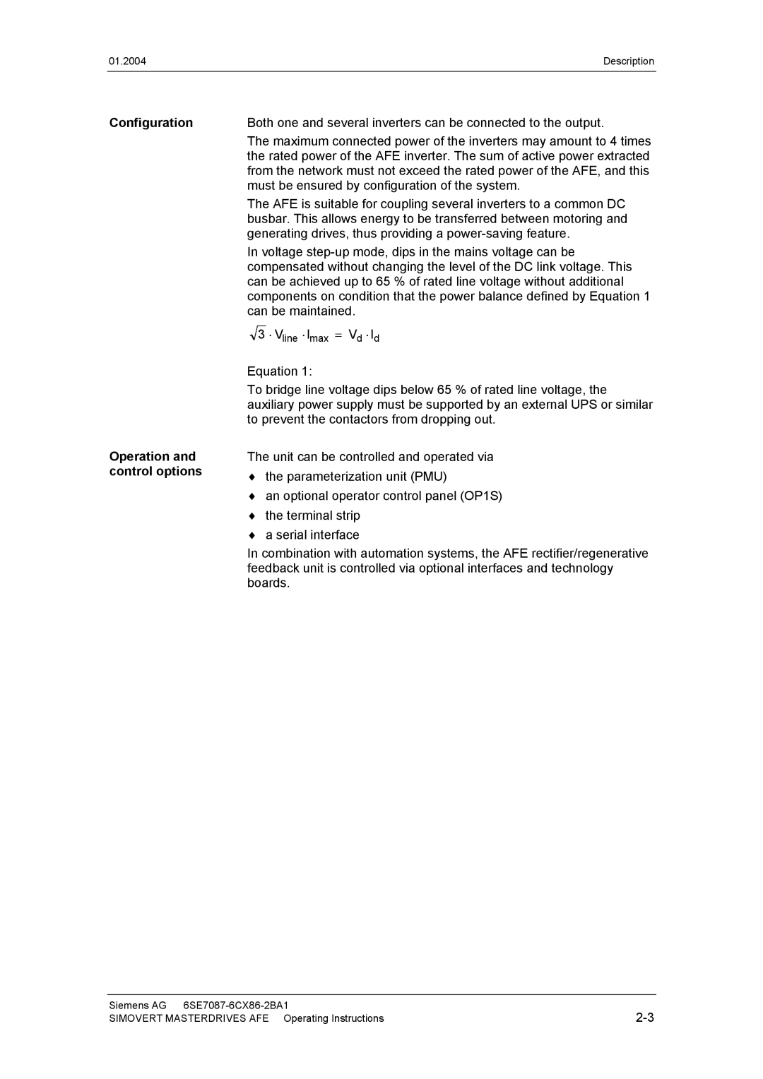 Siemens 400 V / 210...590 A operating instructions Configuration Operation and control options 