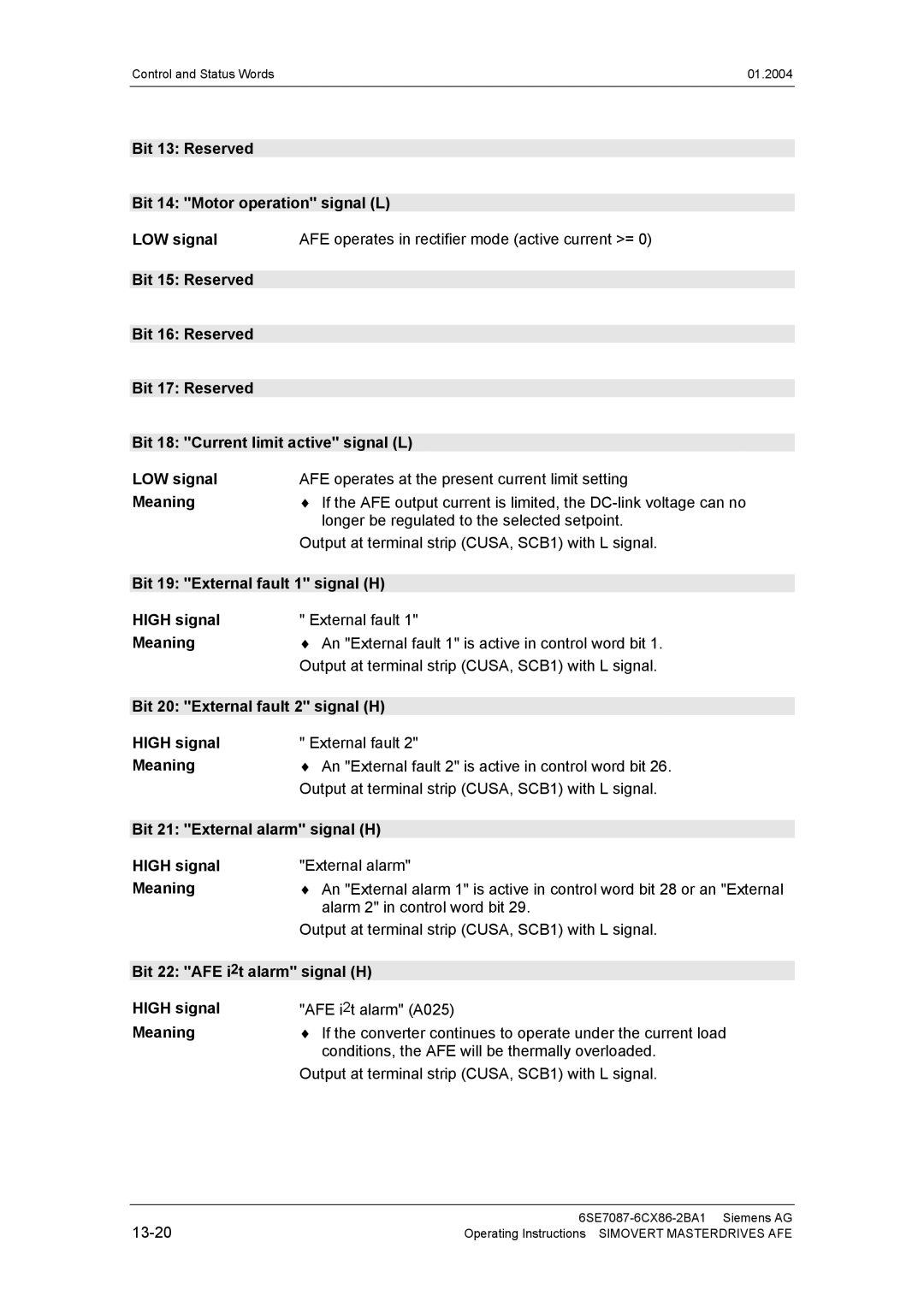 Siemens 400 V / 210...590 A Bit 19 External fault 1 signal H High signal, Bit 20 External fault 2 signal H High signal 