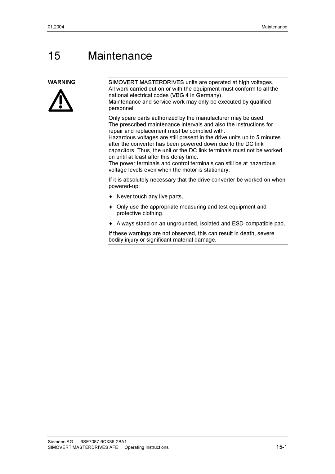 Siemens 400 V / 210...590 A Maintenance, Simovert Masterdrives units are operated at high voltages, Personnel, 15-1 