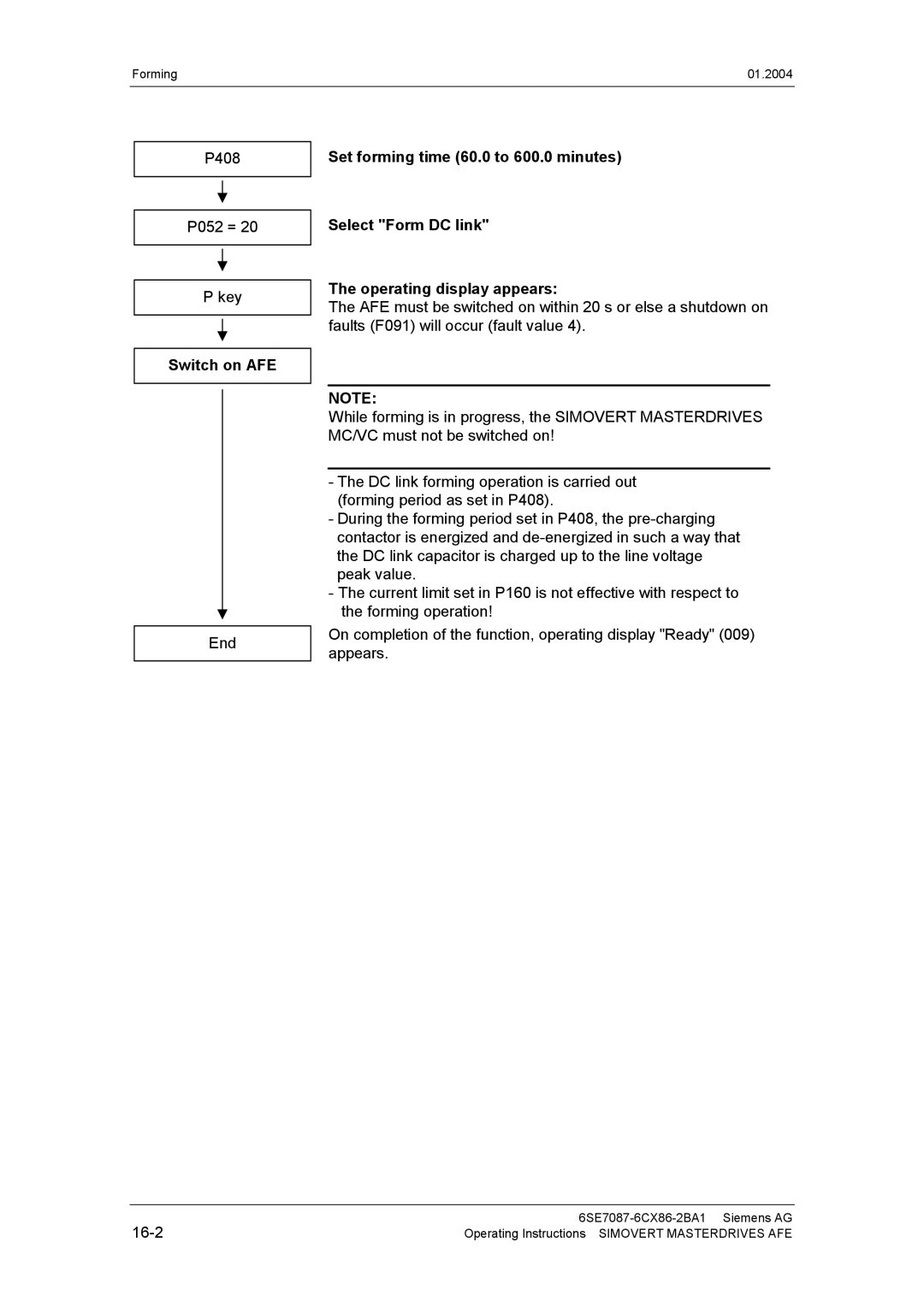 Siemens 400 V / 210...590 A operating instructions P408 P052 = Key, Switch on AFE, End 