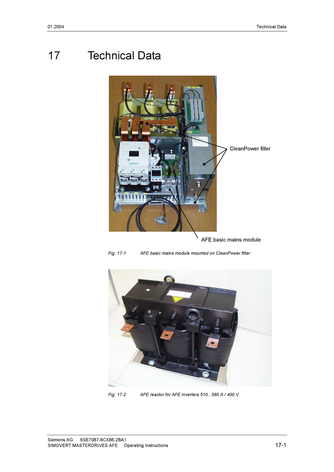 Siemens 400 V / 210...590 A operating instructions Technical Data, CleanPower filter AFE basic mains module, 17-1 