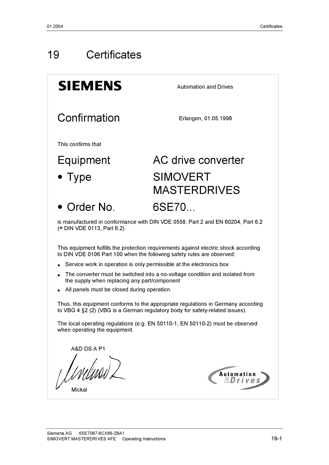 Siemens 400 V / 210...590 A operating instructions Certificates Confirmation, Equipment, Type, Order No 6SE70 