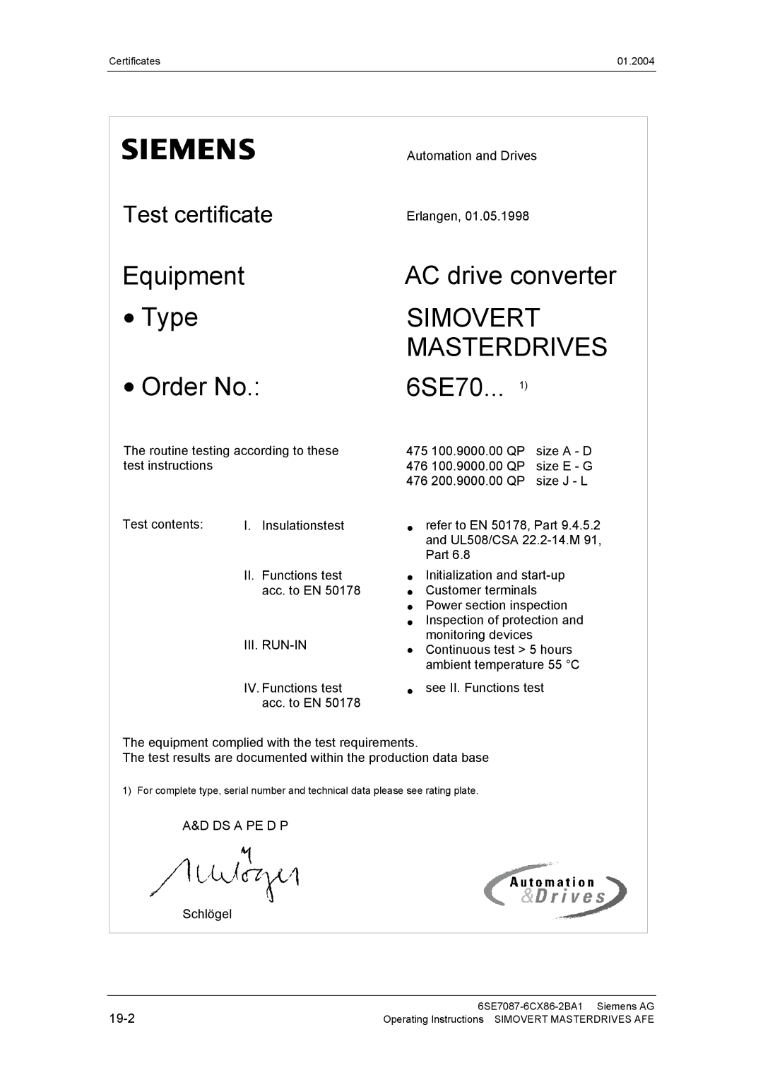 Siemens 400 V / 210...590 A operating instructions Equipment Type Order No, AC drive converter 