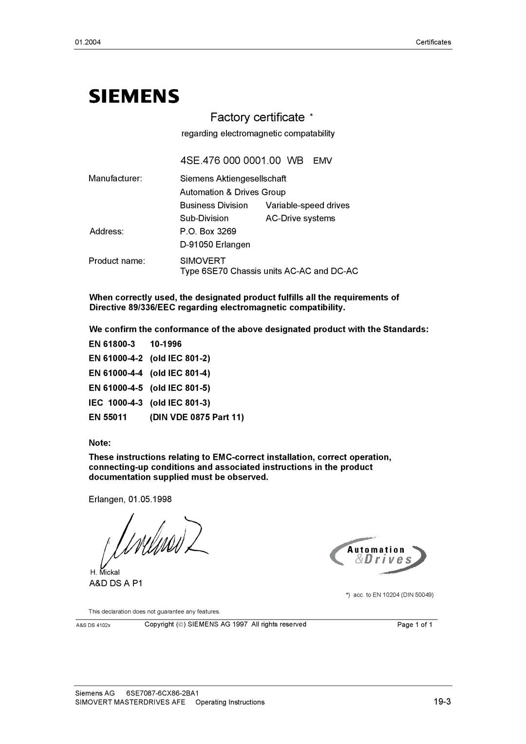 Siemens 400 V / 210...590 A operating instructions Type 6SE70 Chassis units AC-AC and DC-AC, 19-3 