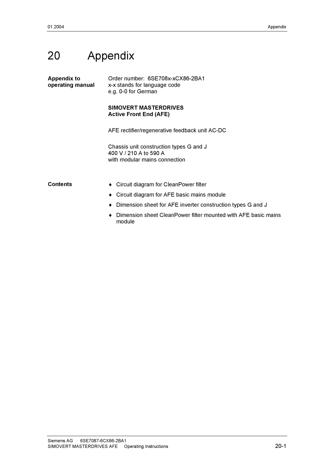 Siemens 400 V / 210...590 A operating instructions Appendix to, Operating manual, Active Front End AFE, Contents 