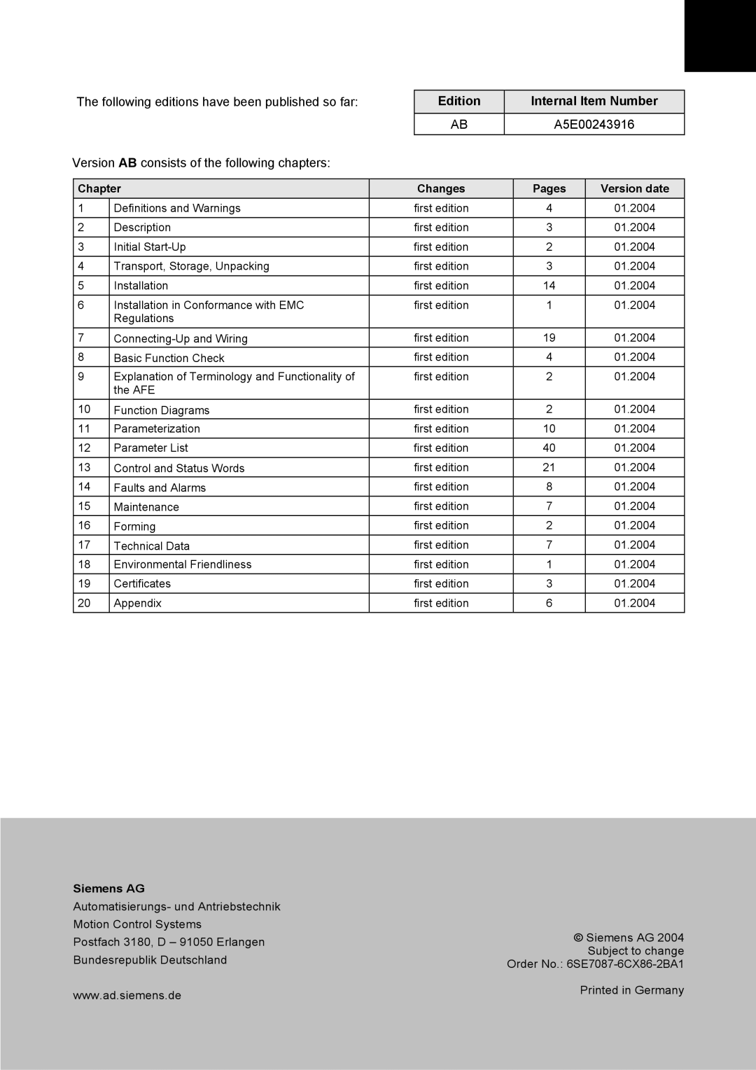 Siemens 400 V / 210...590 A Edition Internal Item Number A5E00243916, Chapter Changes Pages Version date, Siemens AG 