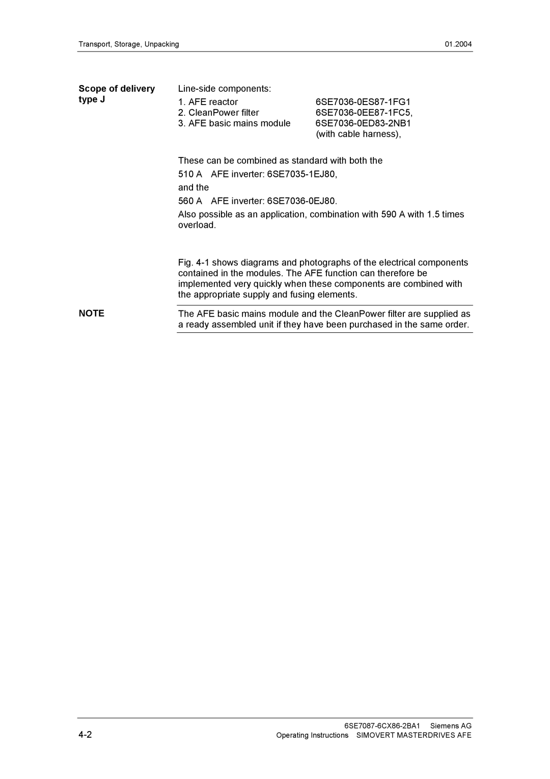 Siemens 400 V / 210...590 A operating instructions Scope of delivery type J 