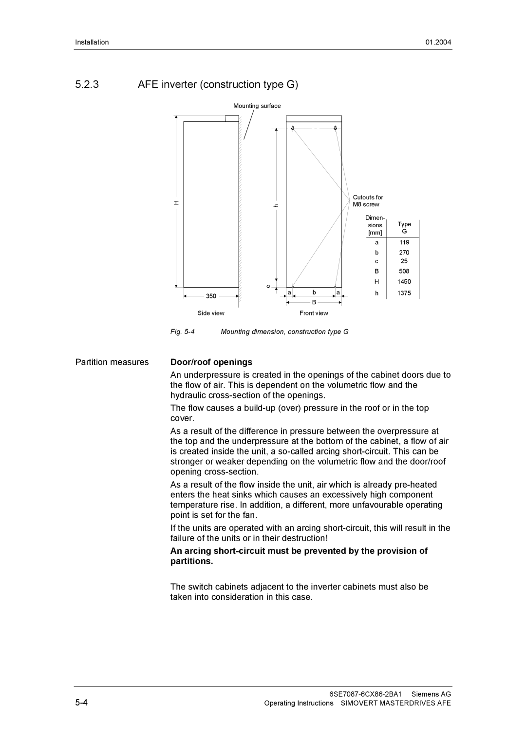 Siemens 400 V / 210...590 A operating instructions AFE inverter construction type G, Door/roof openings, Partitions 