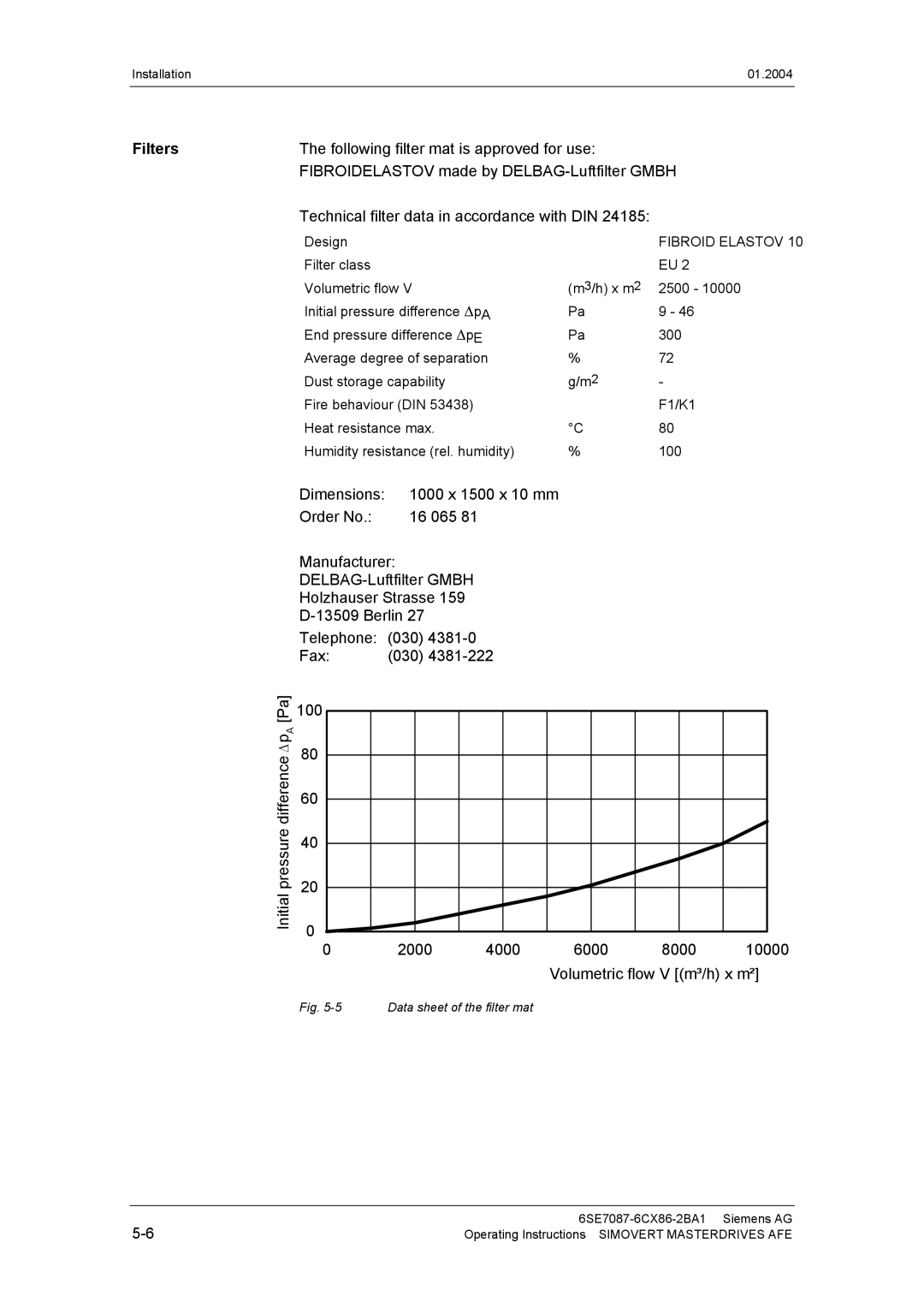 Siemens 400 V / 210...590 A operating instructions Filters, Following filter mat is approved for use 