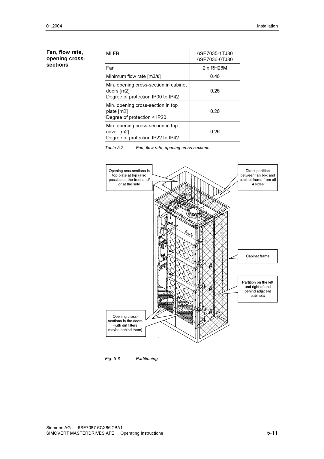 Siemens 400 V / 210...590 A operating instructions Fan, flow rate, opening cross- sections, Mlfb 