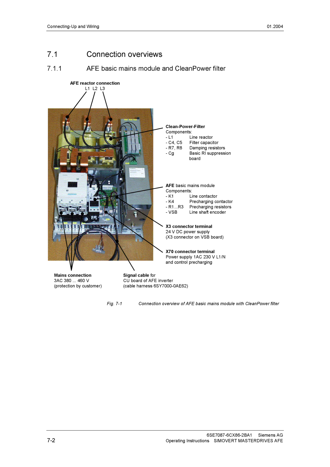 Siemens 400 V / 210...590 A Connection overviews, AFE basic mains module and CleanPower filter, AFE reactor connection 