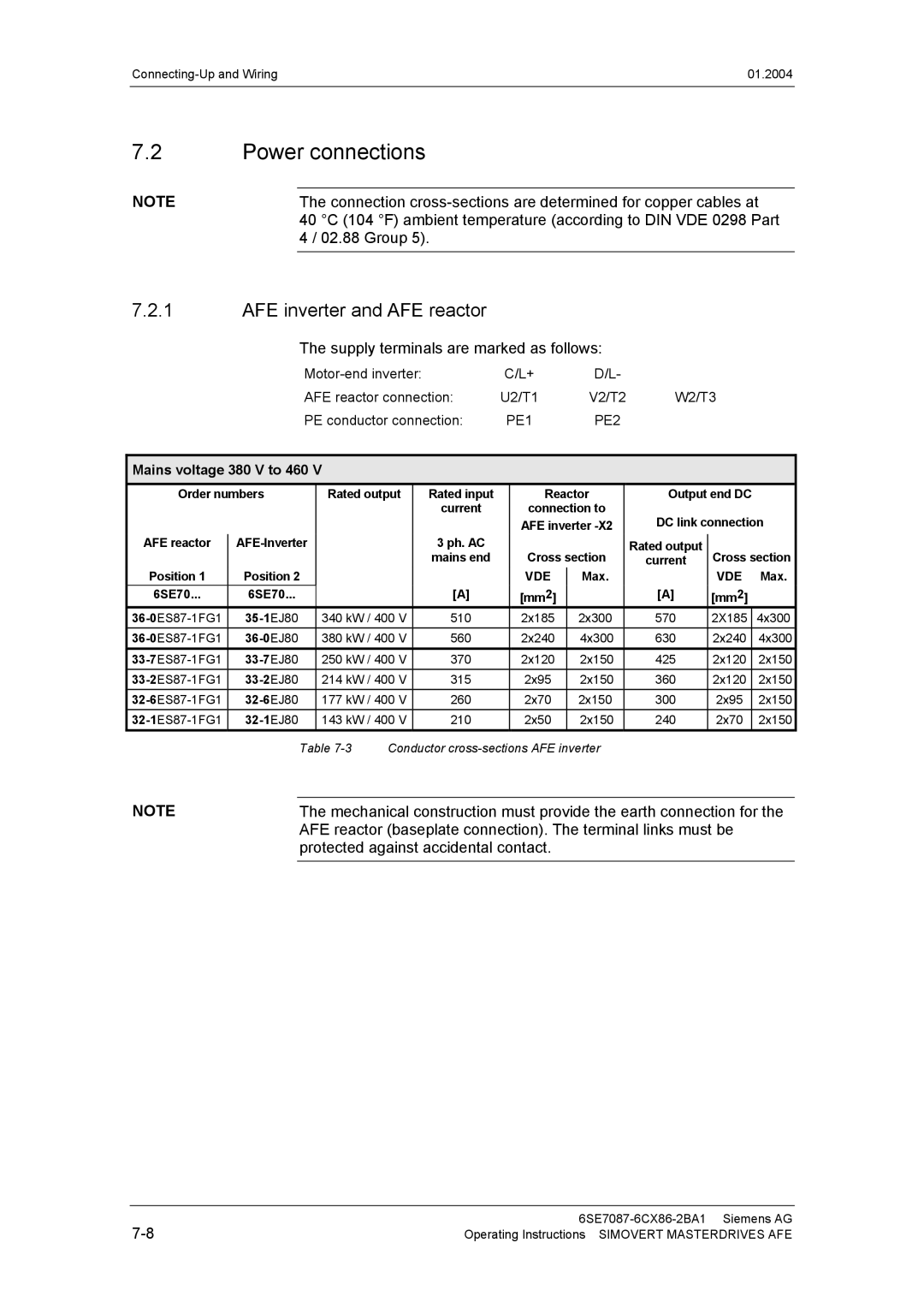 Siemens 400 V / 210...590 A operating instructions Power connections, AFE inverter and AFE reactor 