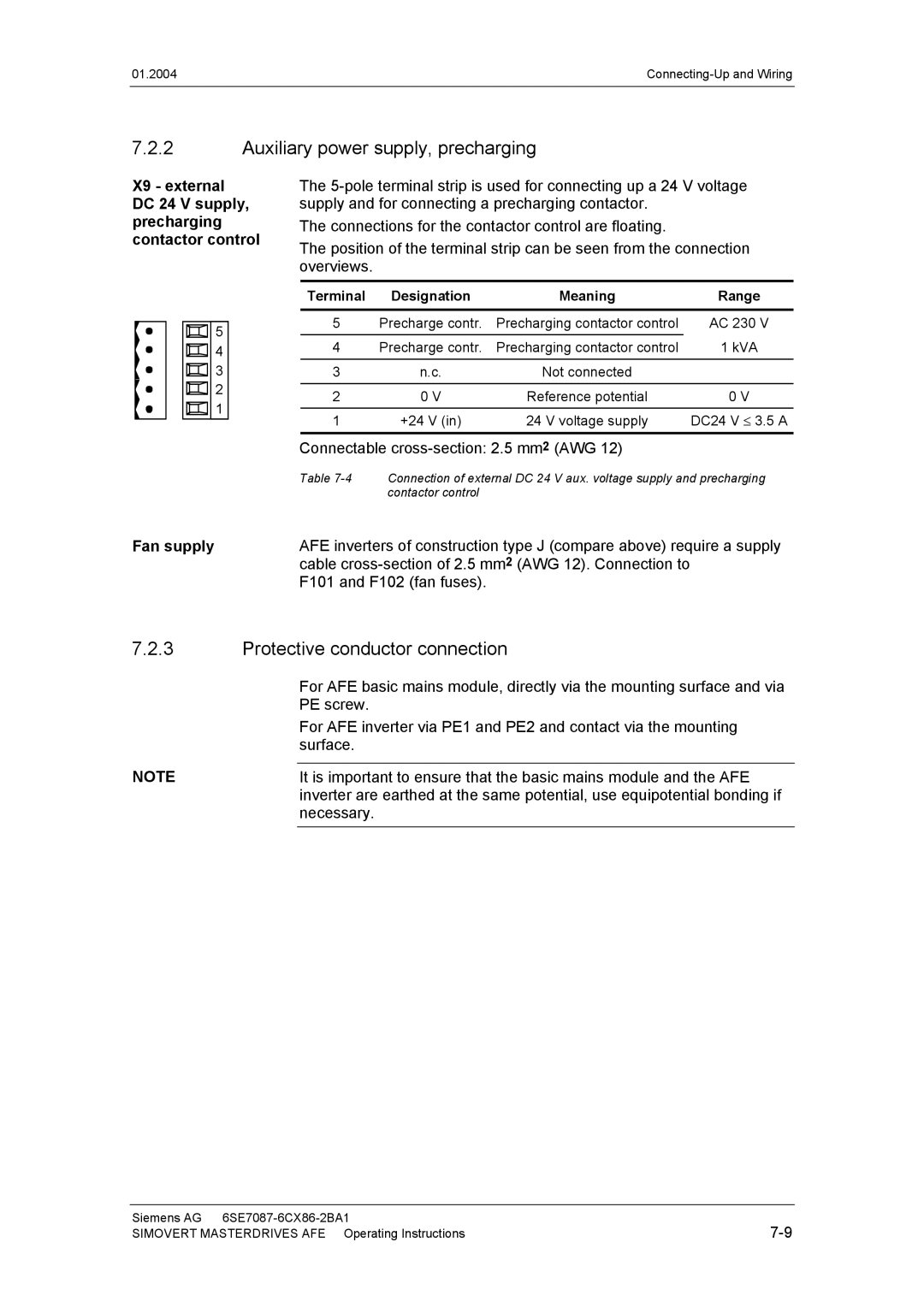 Siemens 400 V / 210...590 A Auxiliary power supply, precharging, Protective conductor connection, Fan supply 