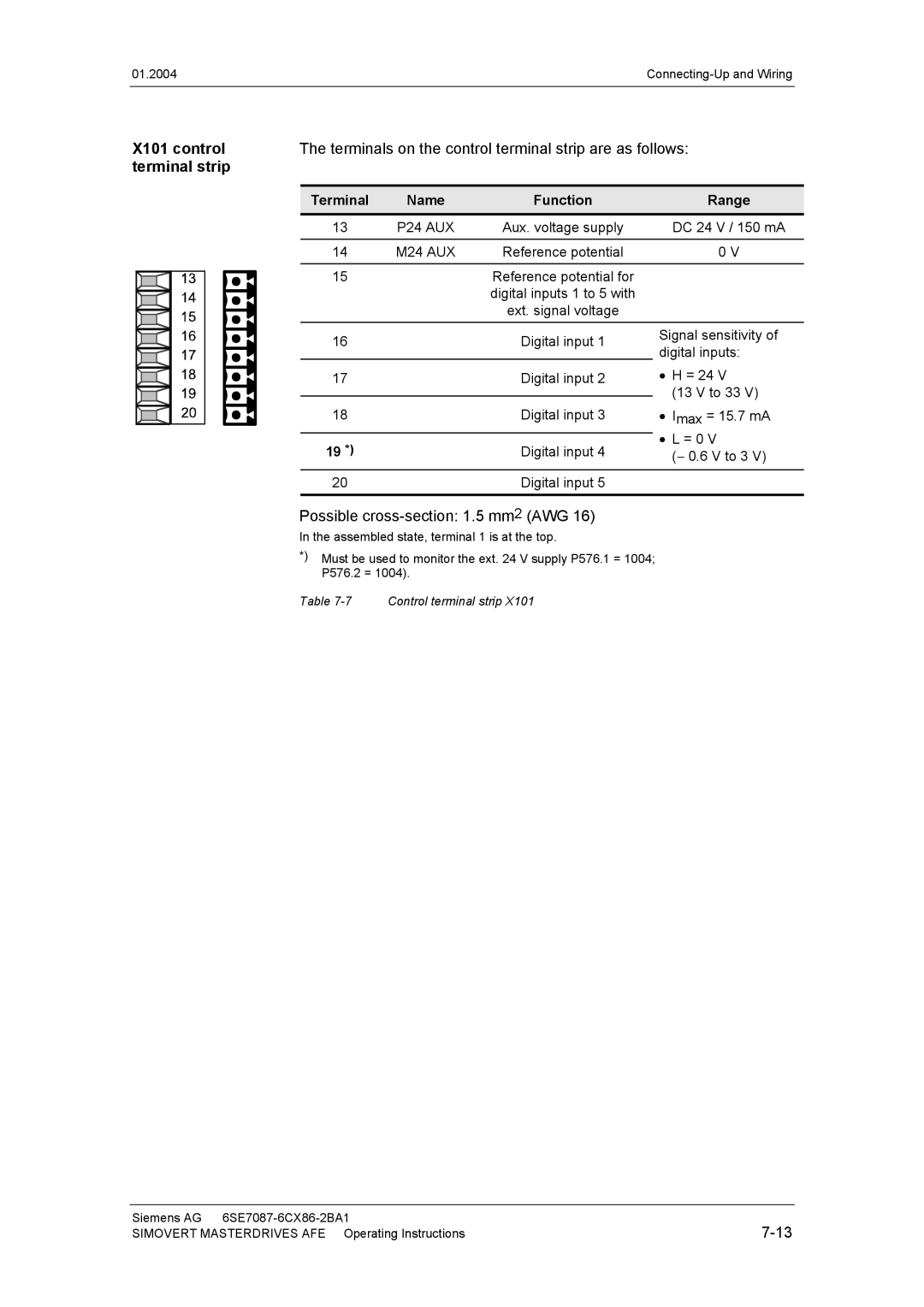 Siemens 400 V / 210...590 A operating instructions X101 control, Terminal Name Function Range 