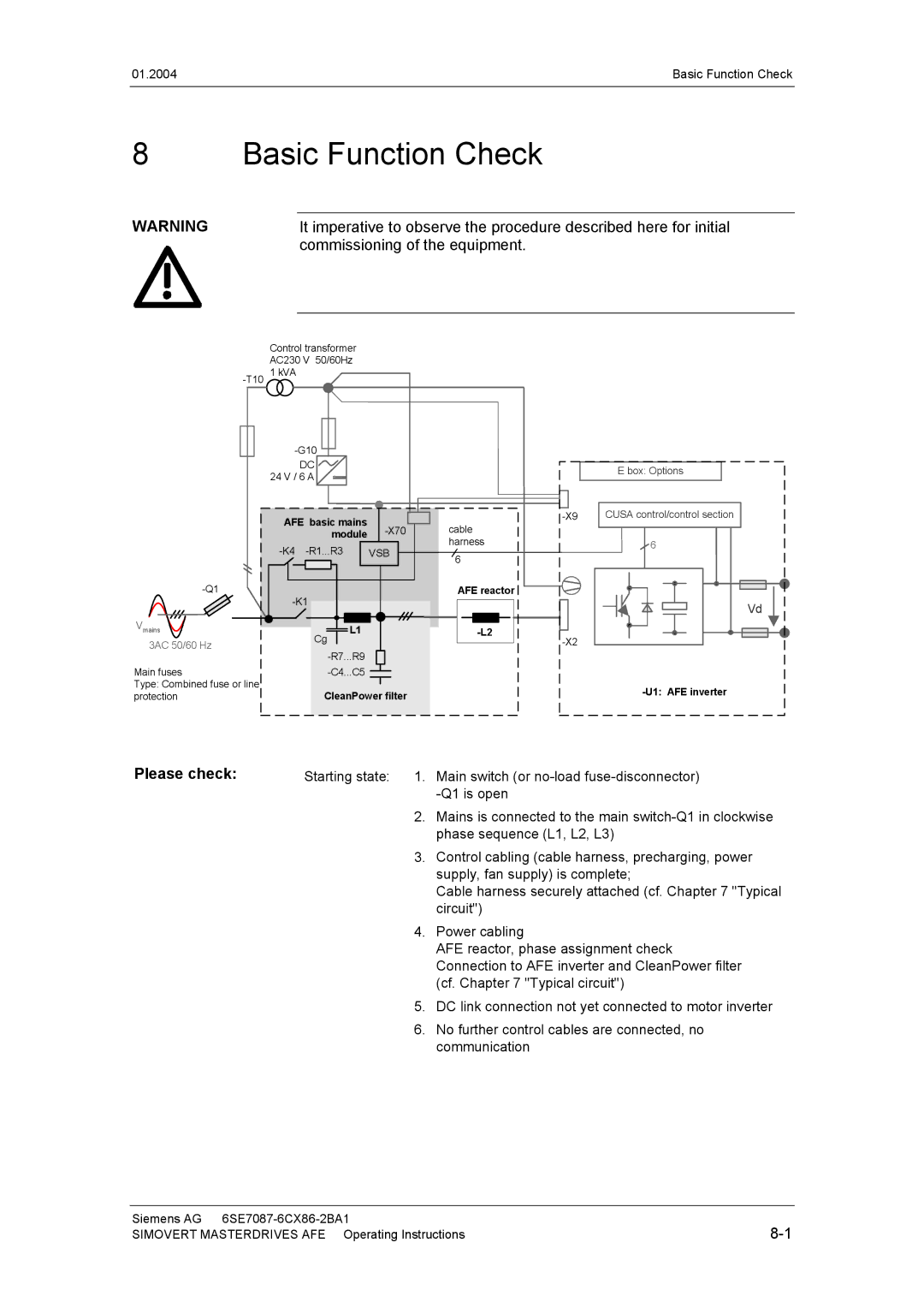 Siemens 400 V / 210...590 A operating instructions Basic Function Check, Commissioning of the equipment, Please check 