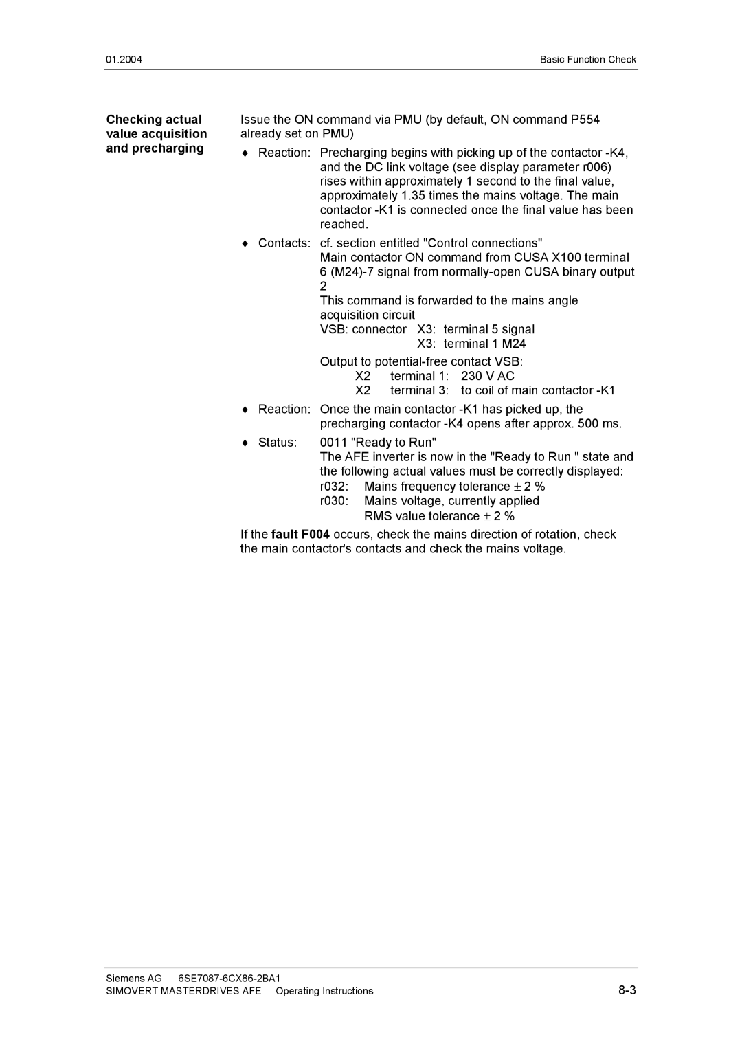 Siemens 400 V / 210...590 A operating instructions Checking actual value acquisition and precharging 