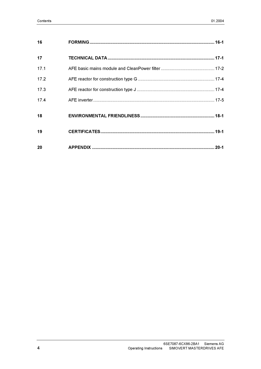 Siemens 400 V / 210...590 A operating instructions 16-1, 17-1, 17.1, 17-2, 17.2, 17-4, 17.3, 17.4, 17-5, 18-1, 19-1, 20-1 