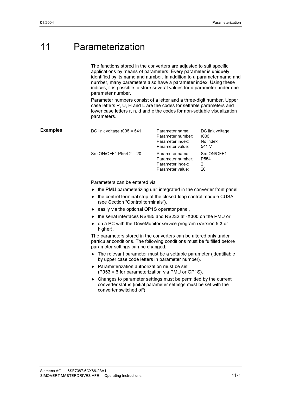 Siemens 400 V / 210...590 A operating instructions Parameterization, Examples, 11-1 