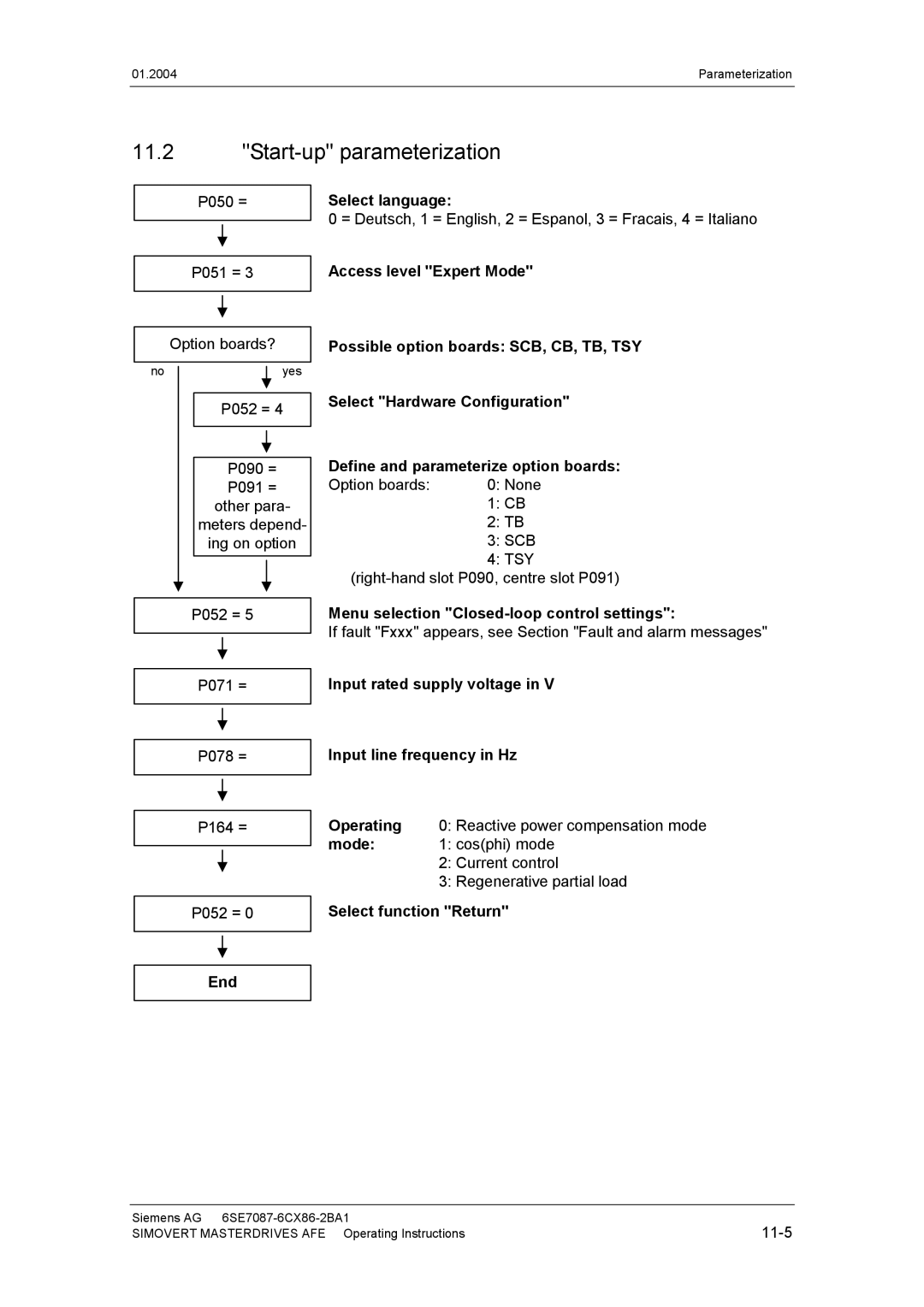 Siemens 400 V / 210...590 A Start-up parameterization, Select language, Menu selection Closed-loop control settings 