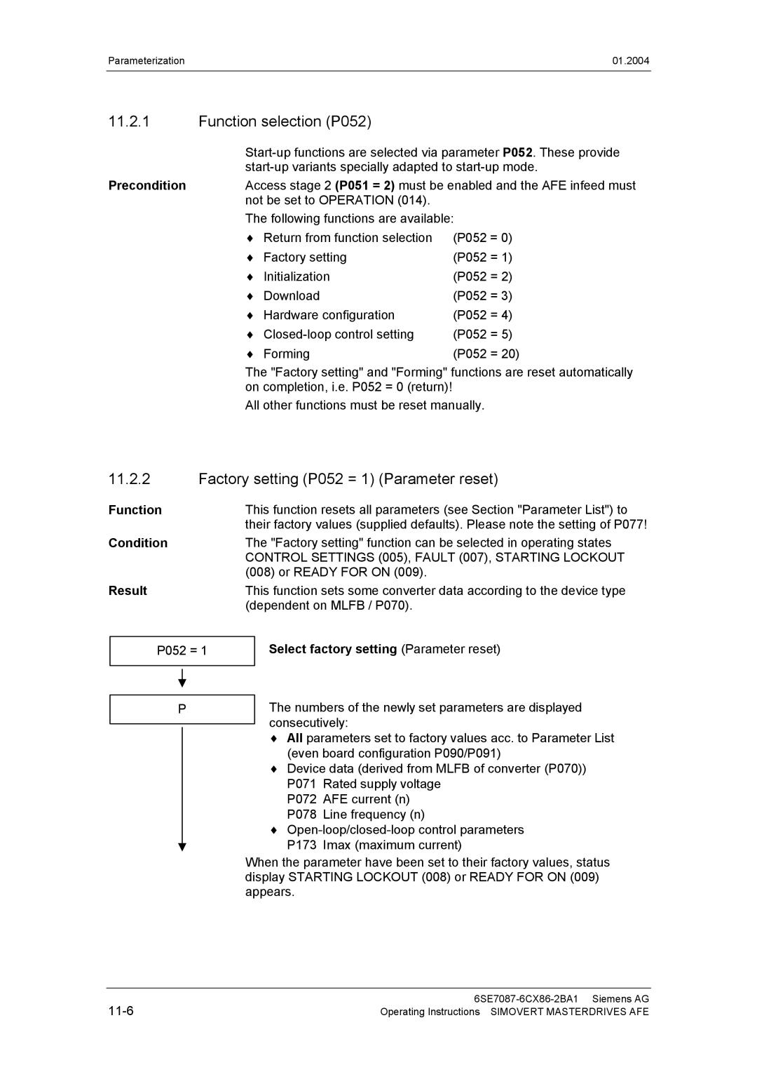 Siemens 400 V / 210...590 A operating instructions Function selection P052, Factory setting P052 = 1 Parameter reset 