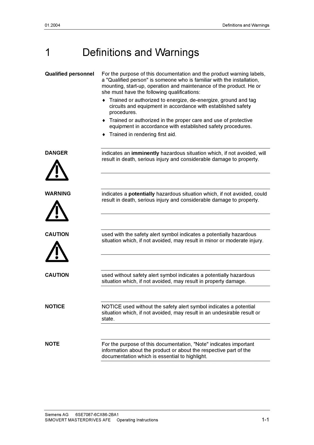 Siemens 400 V / 210...590 A operating instructions Definitions and Warnings 