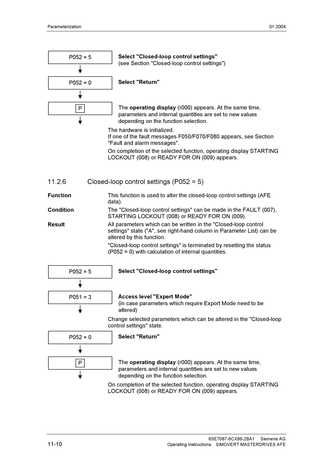 Siemens 400 V / 210...590 A operating instructions Closed-loop control settings P052 =, Select Closed-loop control settings 