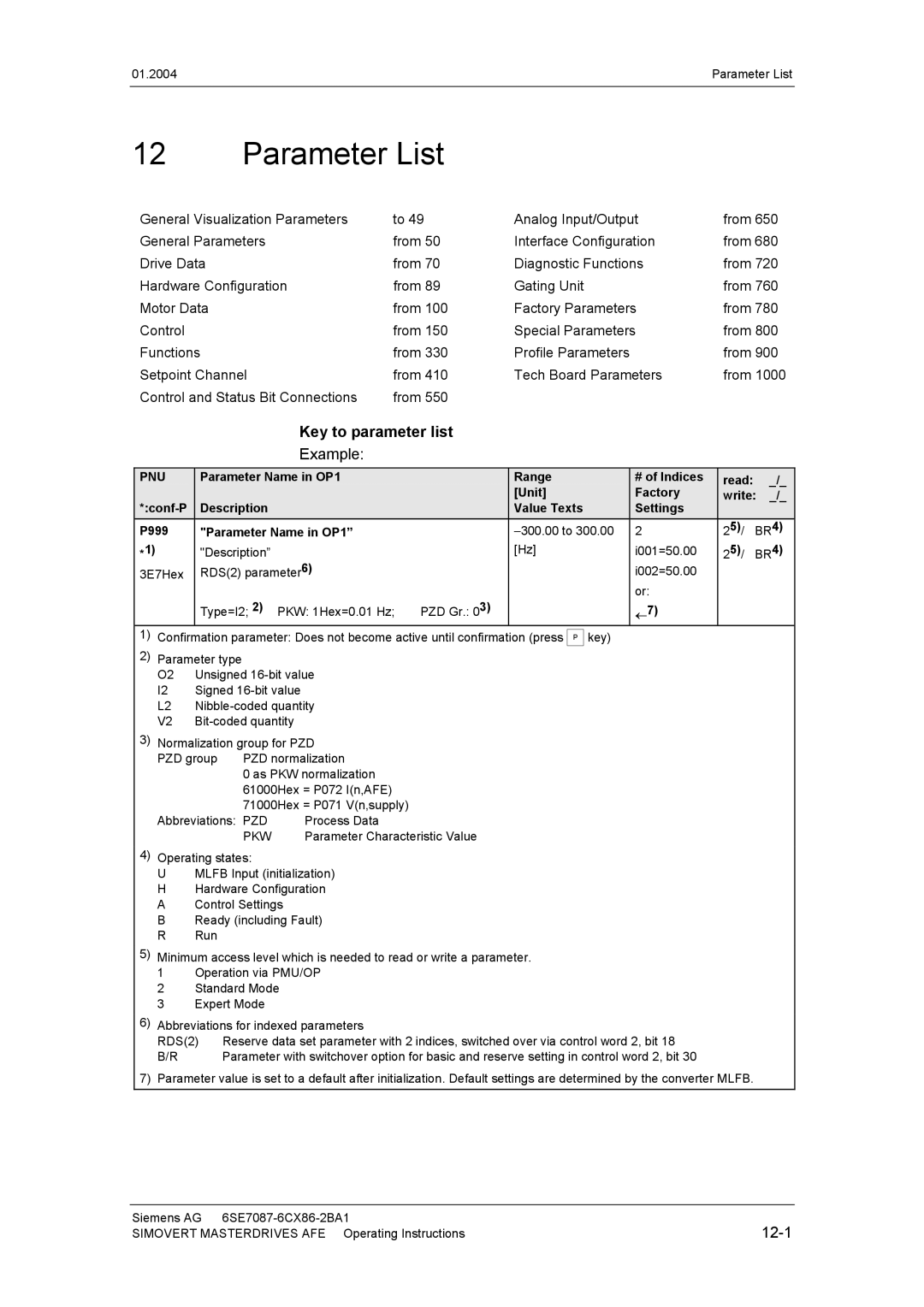 Siemens 400 V / 210...590 A operating instructions Parameter List, Key to parameter list, 12-1 