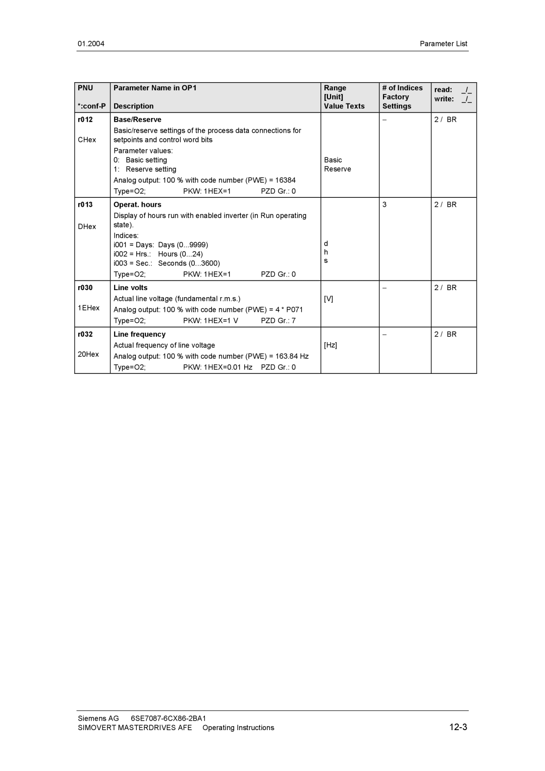 Siemens 400 V / 210...590 A operating instructions 12-3, R013 Operat. hours, R030 Line volts, R032 Line frequency 